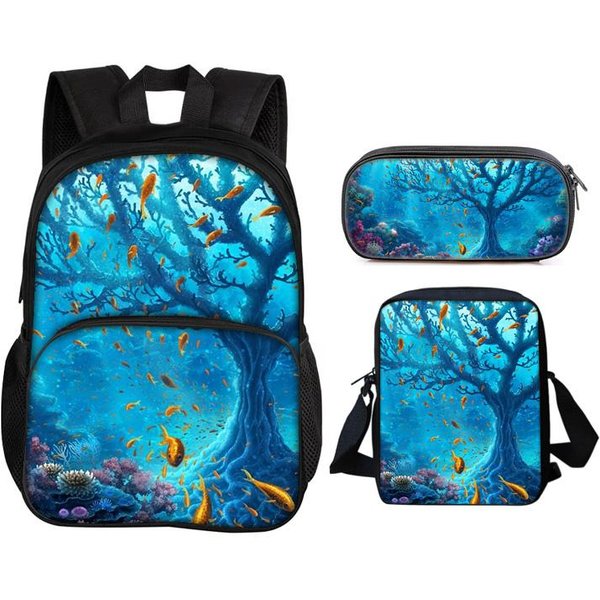 Mundo Submarino Bolsa Frontal Redonda Mochila Estuche Para BolíGrafos Bolso De Hombro Set De 3 Piezas VersáTil Dibujos Animados NiñO O NiñA Escuela CumpleañOs Mejor Regalo-image