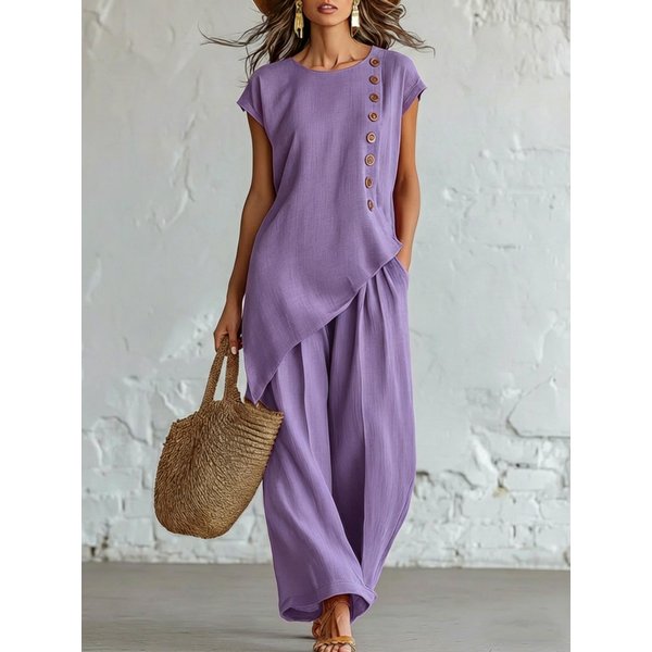 Conjunto De Dos Piezas Para Mujer: Top AsiméTrico De Manga Corta Con Botones Y Pantalones De Pierna Ancha Color Caramelo Xxxl PúRpura-image