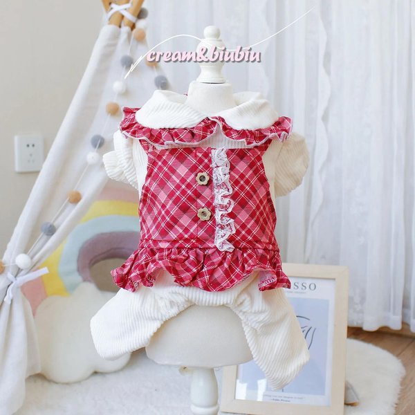 Ropa Para Mascotas Perro Gato OtoñO Invierno Con Terciopelo CuadríCula Roja Tirantes Falda Falsa De Dos Piezas Traje De Pareja De Cuatro Patas Ropa Para Cachorros XXL-image