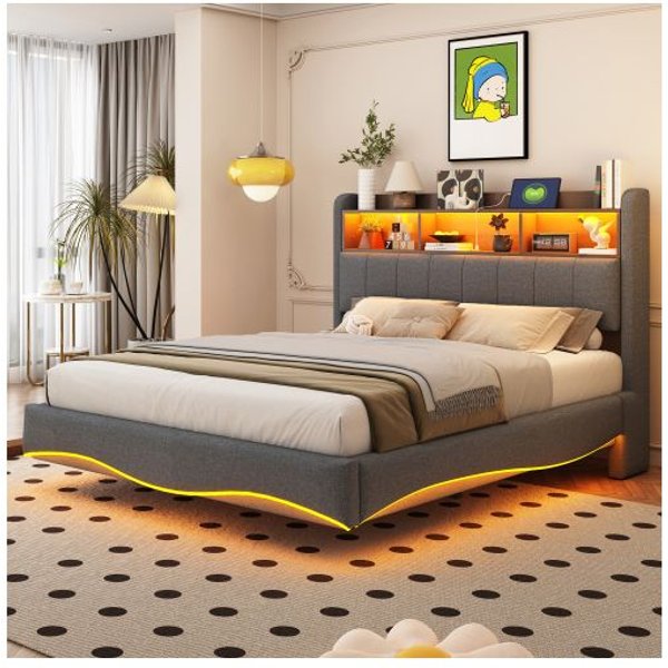 Cama De Pared - Muvoe - 140X200 - Tejido Lino Gris - Almacenamiento Con IluminacióN Led - Puertos Usb Y Tipo-C-image