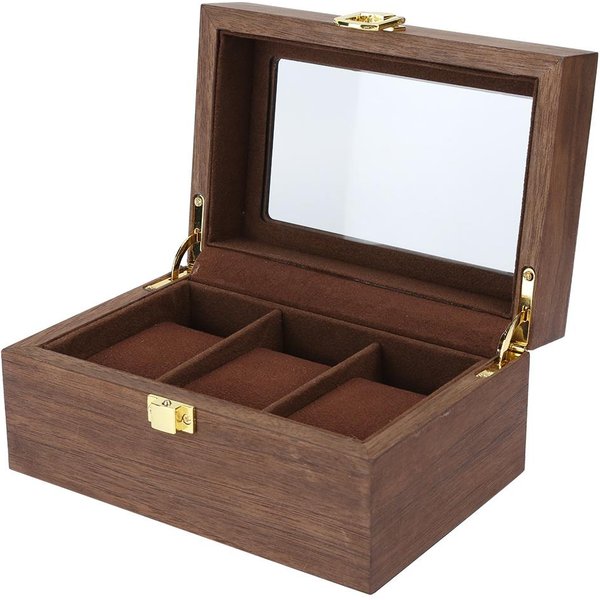 Caja De ExhibicióN De Relojes De Madera De 3 Compartimentos Ventana Transparente Caja De Almacenamiento De Relojes (Color Nogal Negro)-image
