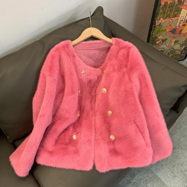 Nuevo Abrigo De Piel De VisóN De ImitacióN Xiaoxiangfeng Con Doble Hilera De Hebillas Doradas Cortas Y Abrigo De Piel De Viajero De Moda One Size Fits All Red-image