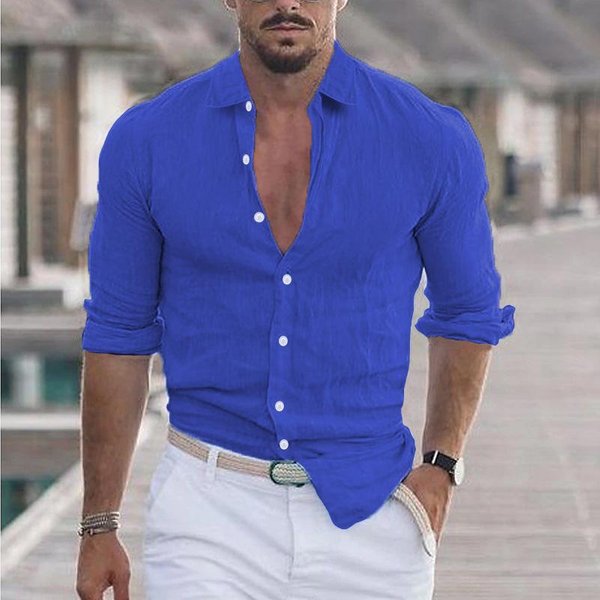 Camisas De Moda Para Hombre Verano AlgodóN Lino Solapa Camisa De Playa Manga Larga Camisas De Color SóLido Tops Casuales VersáTiles L-image