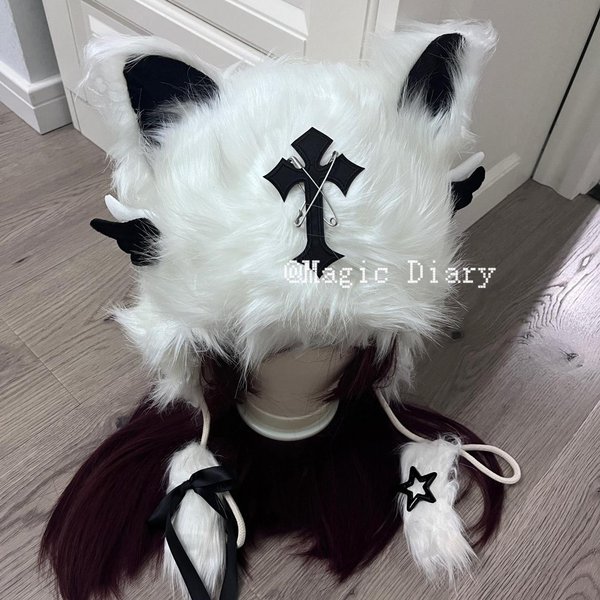 Gorro De Felpa Con Orejas De Gato Estilo GóTico Punk De Moda Alternativa De Subcultura Y2K Original, Gorro CáLido Con Alas Cruzadas Para OtoñO E Invierno, Gorro Genial Yaby White-image