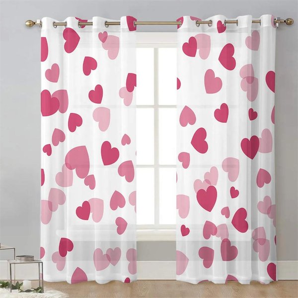 Feliz DíA De San ValentíN Cortinas De Voile Con Corazones De Amor Para Dormitorio Cortina De Tul Para Ventana Para Sala De Estar Cortinas TraslúCidas Persianas Cortinas 2 Piezas W65X60H(Cm)X2Pcs&Hook-image
