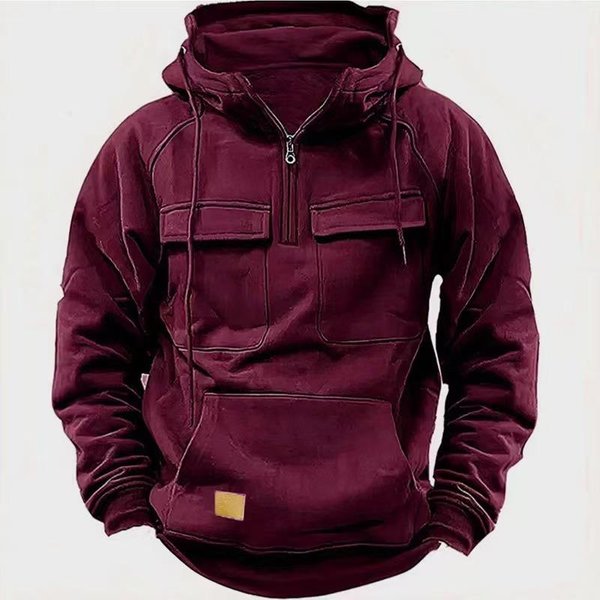 Nowa Jesienno-Zimowa MęSka Bluza Z Kapturem Jednokolorowa Sportowa Wielokieszeniowa Wszechstronna Kurtka 2XL Burgund-image