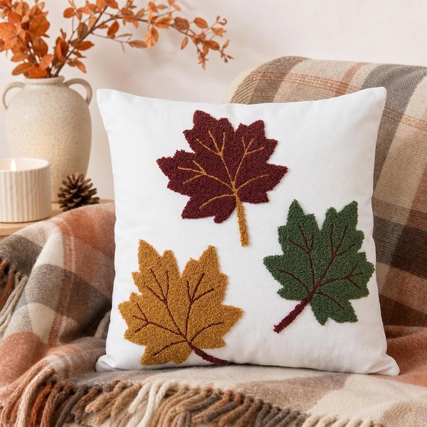 Funda De CojíN Bordada De Toalla De OtoñO Cojines Hoja De Arce Bellota Funda De CojíN Para Sofá Fundas De CojíN Decorativas Para Sala De Estar 45X45Cm White-image