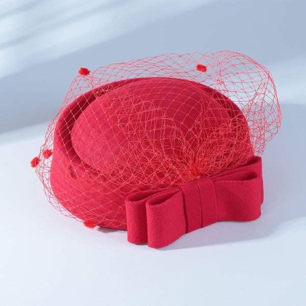 Damski Beret WełNiany Z Welonem I Kokardą | Francuski Vintage Kapelusz Stewardessy | WystęP W Recepcji Hotelowej ONE Size Red-image
