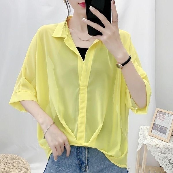 Blusa De Gasa De Verano Para Mujer, Blusa Holgada De Manga Corta Con Mangas MurciéLago, Camisa De MurciéLago M Beige-image