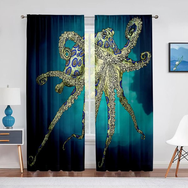 Ocean Kraken Niebieski Morski ŻYcie Macki OśMiornicy Tiulowe ZasłOny Do Salonu Sypialni Przezroczyste Woalowe ZasłOny Okienne Draperie Party 1 PCS W100Xh250Cm&Grommet Top-image