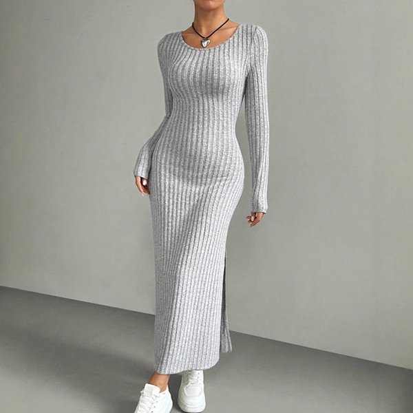 Wiosna Jesień Jednolity Kolor DłUgi RęKaw OkrąGłY Dekolt Szara Sukienka Maxi Moda Damska Elegancka ObcisłA Prosta RozcięCie Z Boku Dzianinowe Sukienki Odzież S Gray-image