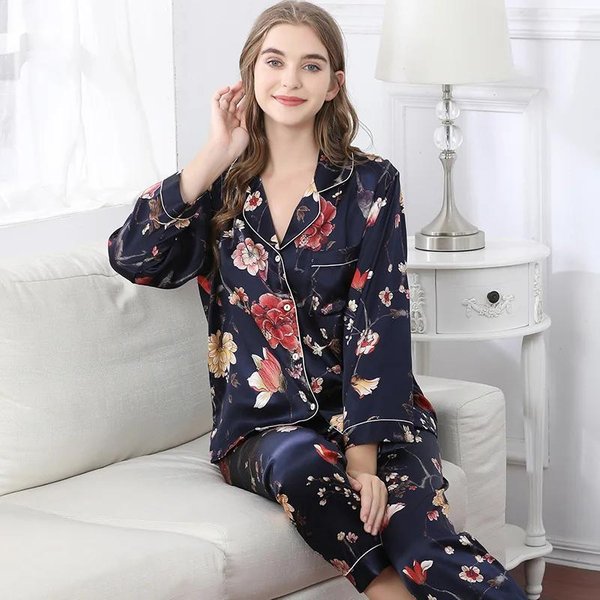 Conjunto De Pijama De Seda Para Mujer 100% Seda Morera Primavera Y OtoñO Pijama De Seda De Manga Larga Para Mujer Para Estar En Casa M Gray-image