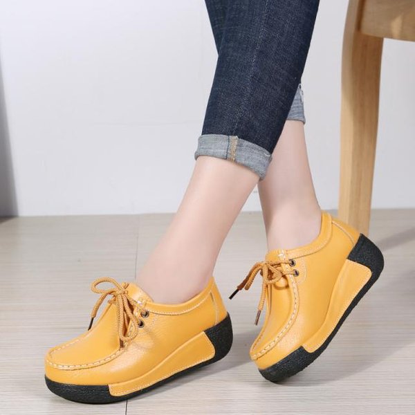 Bailarinas De Mujer Zapatos Mocasines CóModos Mujer Zapatillas De Cuero Transpirables Con Cordones Mujer Moda Zapatos Casuales Negros Femeninos 38-image