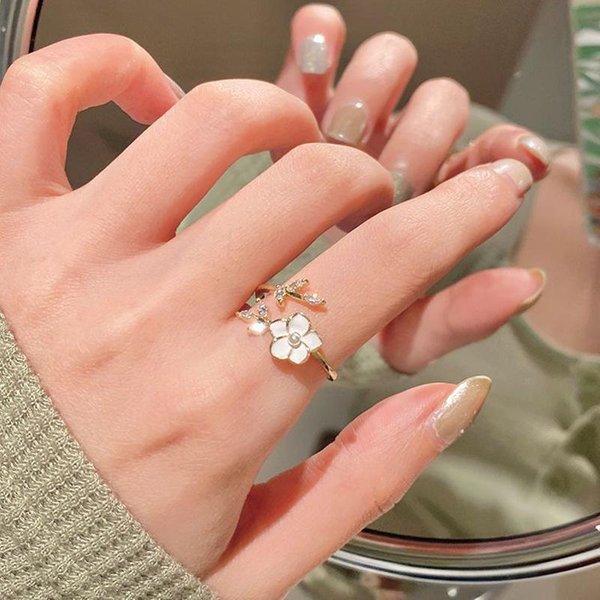 Anillo De Dedo íNdice Con Perla Y Flor, Temperamento Femenino, Camelia, Nueva Moda, Personalidad, Alto Sentido, Anillo Femenino Blanco-image