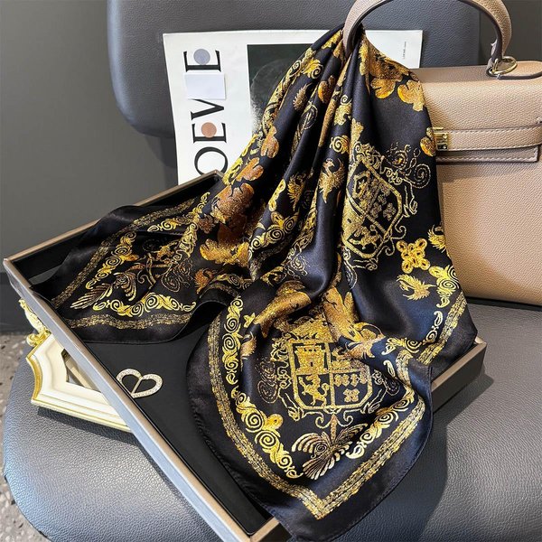 Bufanda De Seda Natural Para Mujer Cuello Cabello Pashmina Foulard PañUelo Bandana Femenino Chal Hijab Envolturas PañUelo Cuadrado Real Silk 65X65Cm Black-image