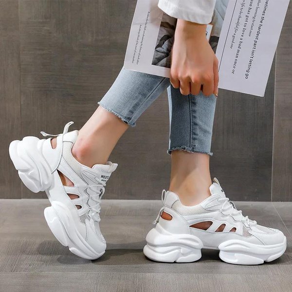 Zapatos De Papá Para Mujer Primavera Nuevo Estilo Malla Transpirable Zapatos Deportivos Casuales Suela Gruesa Altura Interior Aumentada Zapatos De Mujer Blancos 40 Blanco-image