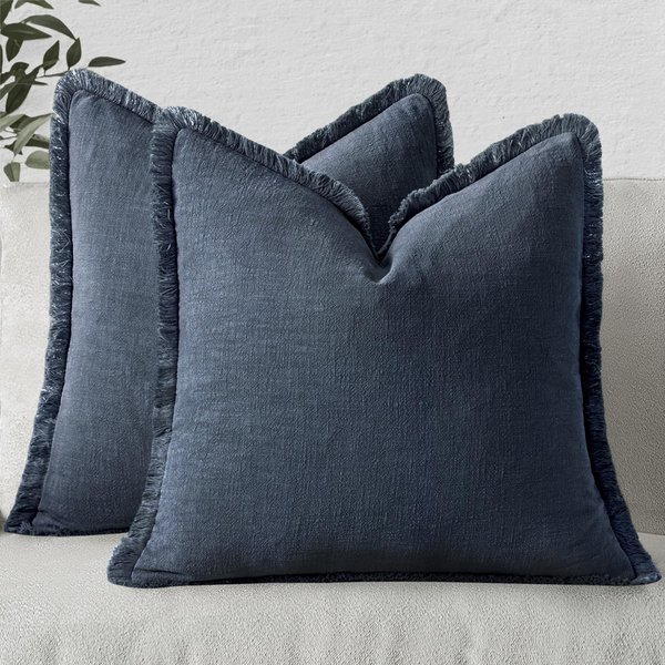 Fundas De CojíN Decorativas De Lino Azul Con Flecos Estilo Boho Farmhouse Funda De Almohada Decorativa Con Borlas Para Sofá Cama DecoracióN Del Hogar 45X45Cm-image