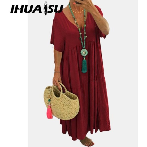 Ihuasu Vestido De Verano De Moda Para Mujer SóLido Cuello En V Talla Grande Suelto Largo Oversize Casual Manga Corta Xxxxxl BorgoñA-image