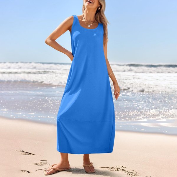 Vestido De Verano Largo Informal Para Mujer, Vestido Playero Holgado Sin Mangas Con Cuello Redondo S Azul-image