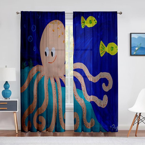 Cortinas De Gasa Voile Transparentes Rojas Frescas De Pulpo Vida Marina OceáNica Para DecoracióN De Sala De Estar, Dormitorio, Cocina, Cortina Tule Para Ventana 1 PCS W100Xh250Cm&Grommet Top-image