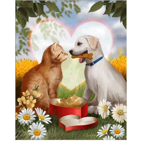 Pintura De Diamantes Redondos Completos Perro Y Gato Punto De Cruz Con Diamantes 20X30CM-image