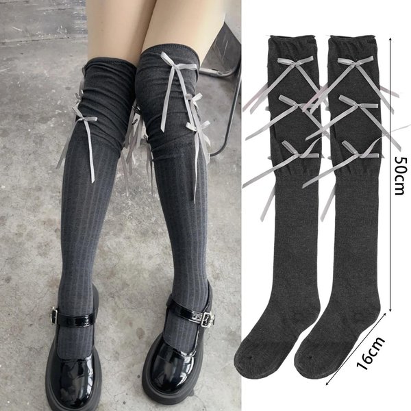 Jednokolorowe Koronkowe Kokardki DłUgie Skarpety Do Ud Kobiety Modne Codzienne DłUgie Skarpety Do Kolan Termiczne CiepłE BawełNiane Wysokie Skarpety One Size Gray-image