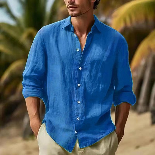 Camisa De Lino Para Hombre Con Botones Camisa De Playa De Verano Color SóLido L Azul Royal-image