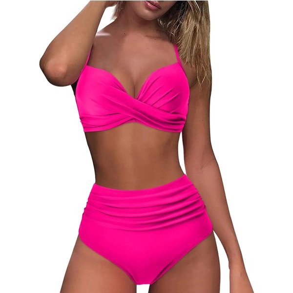 Wysokiej Talii Bikini Damski StróJ KąPielowy Damskie Stroje KąPielowe StróJ KąPielowy WyśCiełAny Push Up Marszczony StróJ KąPielowy Damski Zestaw Bikini M Pink-image