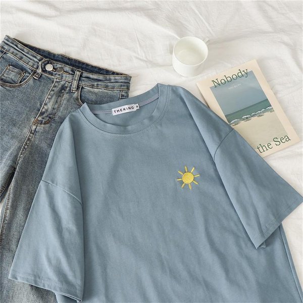 Camiseta De Manga Corta Para Mujer Cuello Redondo Nueva Holgada VersióN Coreana Clima De Verano Estampada Camiseta BáSica De Estudiante Top Ropa Para Mujer 2XL Azul-image