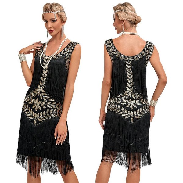 Vestido De Fiesta Estilo Gatsby Vintage, Cuello Redondo, Tirantes Bordados Con Lentejuelas, Vestido De Talla Grande 3XL Negro-image