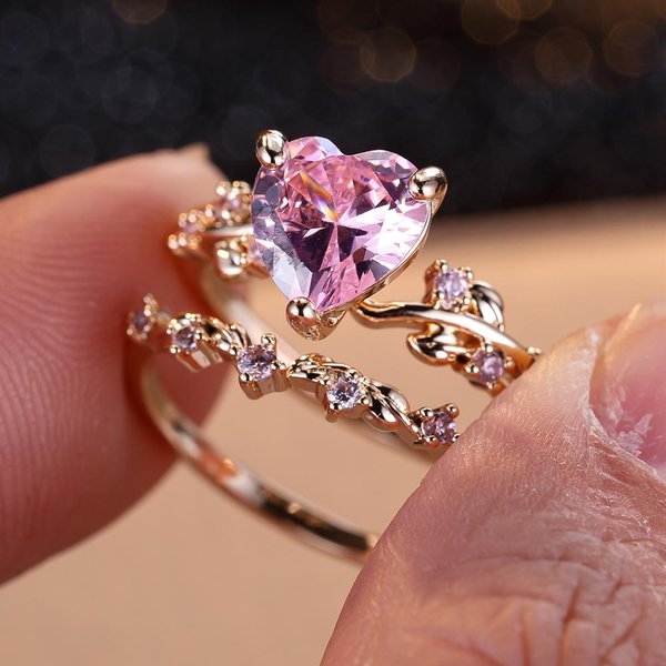 Anillos De CorazóN De Lujo Para Mujer, Conjunto De Anillos De Boda De Piedra Negra, JoyeríA De Compromiso, Anillos Elegantes De Moda De Color Dorado 6 Color Rosa-image