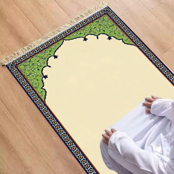 Lekki Islamski Dywanik Modlitewny BeżOwy Mata MuzułMańSka Z FręDzlami Do Codziennej Modlitwy 48X98CM-image