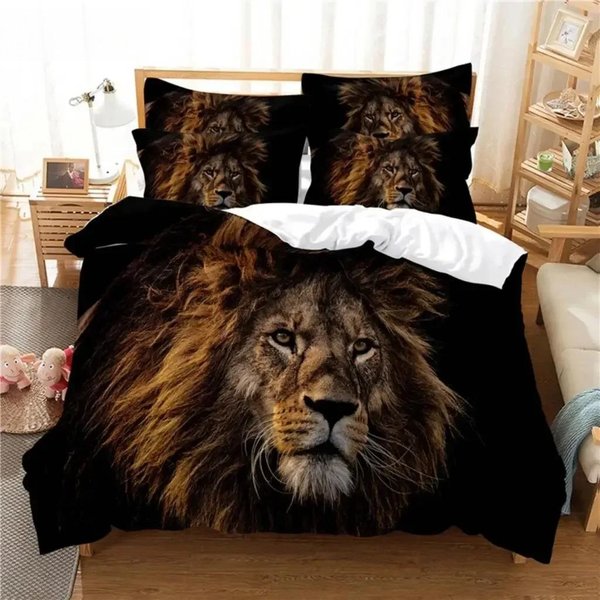 Juego De Ropa De Cama De LeóN Juego De Funda NóRdica Ropa De Cama 3D ImpresióN Digital Ropa De Cama Juego De Ropa De Cama TamañO Queen DiseñO De Moda 155X215Cm 3Pcs Black-image