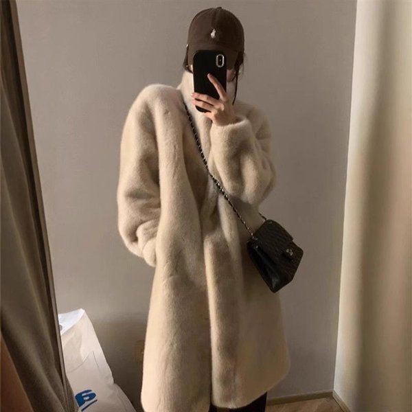 Invierno VisóN Joven Cuello Alto Largo Piel Todo En Uno ImitacióN VisóN Felpa Abrigo De Piel EcolóGico Para Mujer M Gray-image