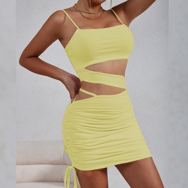 Ropa De Verano Nueva Para Mujer, Vestido Sexy De Tirantes Hueco Plisado XS-image