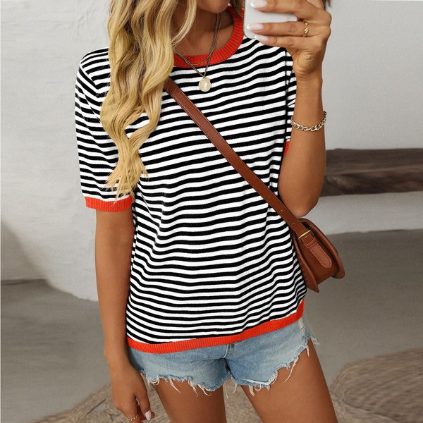Damska Moda LuźNy OkrąGłY Dekolt Paski Kolor Kolizja KróTki RęKaw T-Shirt Top S Czarny-image