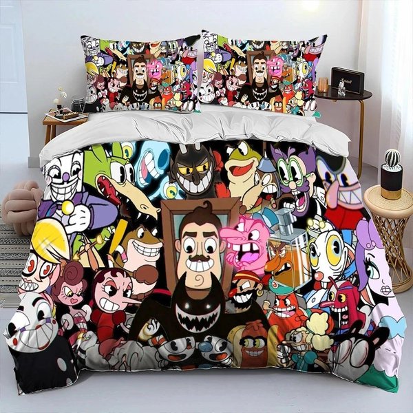 Cuphead I Mugman Gra Gracz KołDra PośCiel Zestaw Poszewka Na KołDrę Poszewka Na Poduszkę Rozmiar KróLewski KróLowej ChłOpcy 70X133Cm 2Pcs-image