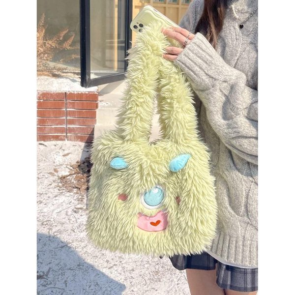 Lindo Monstruito De Dibujos Animados Bolsa De Felpa De Gran Capacidad Para Estudiante Femenina Bolso De Mano Bandolera Tote Bag OtoñO E Invierno-image