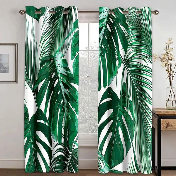 Cortinas De Lujo Elegantes Europeas Personalizadas De Hojas Verdes PatróN De Hojas Tropicales Cortinas Para Ventana Para Dormitorio Sala De Estar 50W160H(Cm)X2Panel&Grommet Top Gris Claro-image