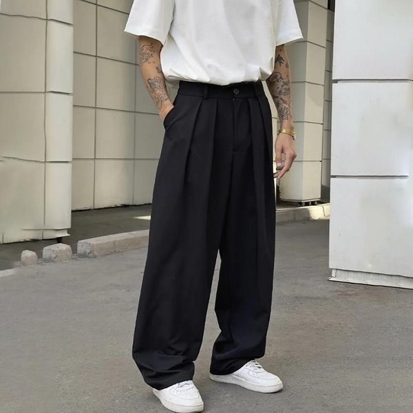 Pantalones De Calle De Pierna Ancha Sueltos Con Pliegues De Cintura Alta Para Hombre 2XL Negro-image