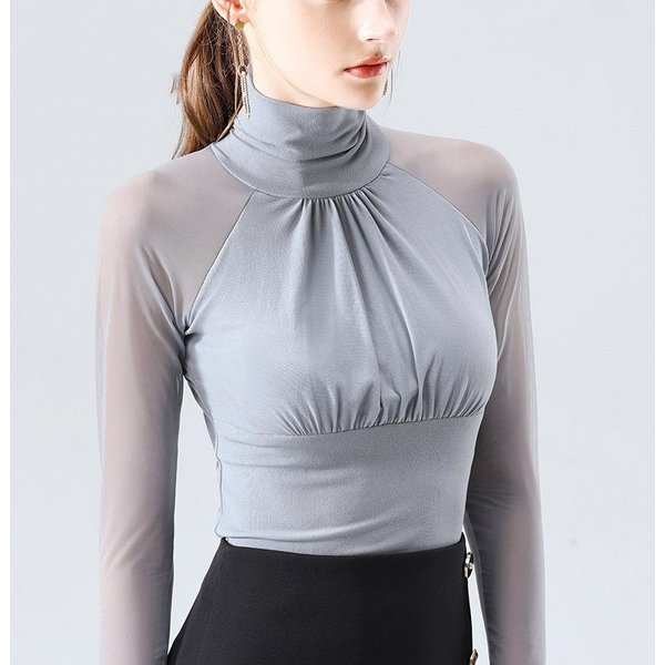 Camisa De Cuello Alto De Malla Plisada Negra Para Mujer, Nueva Camiseta Fina Y Ajustada, Top De Manga Larga Con Temperamento Fino S Gray-image