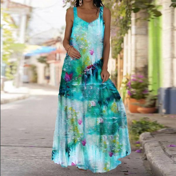 Vestido Lencero Para Mujer Vestido Largo Maxi Vestido Con Estampado De Gotas De Agua Azul Primavera Y Verano Cuello En V Vacaciones De Ocio XL Azul Claro-image