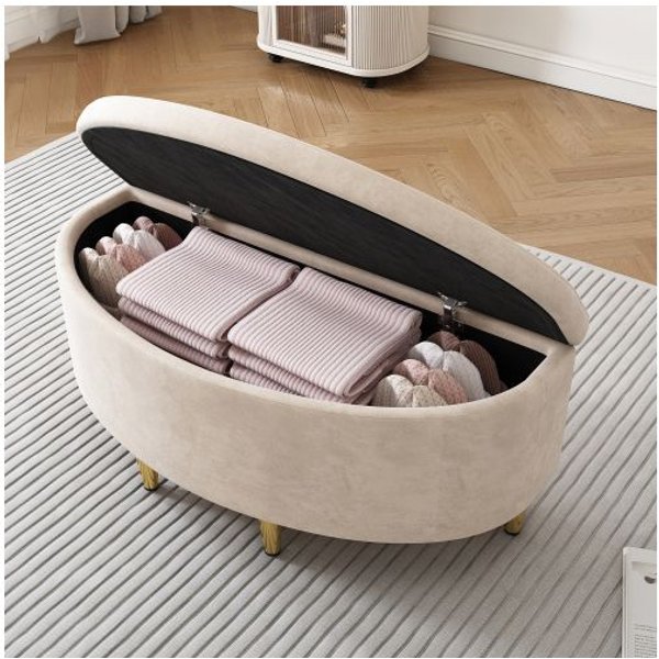 Banco Acolchado - Muvoe - 90 X 40 X 42 Cm - Terciopelo Beige - Almacenamiento Integrado - DiseñO Elegante-image