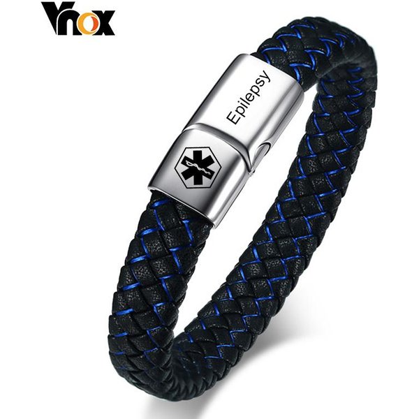 Vnox Spersonalizowana Medyczna MęSka Bransoletka ID Pleciona SkóRzana Bransoleta Z ZapięCiem Cukrzyca Pochp Choroba Alzheimera Spersonalizowana BiżUteria 20.5Cm-image