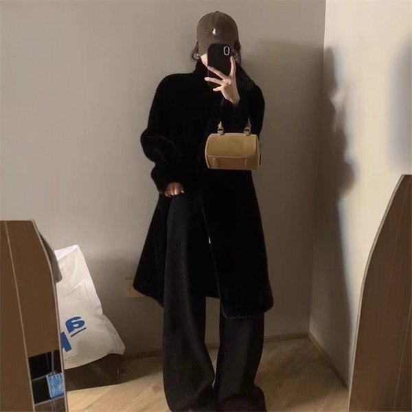 Invierno VisóN Joven Cuello Alto Largo Piel Todo En Uno ImitacióN VisóN Felpa Abrigo De Piel EcolóGico Para Mujer S Black-image