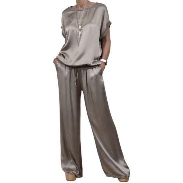 Conjunto De 2 Piezas De Blusa Y PantalóN Para Mujer, De SatéN, Con Cuello Redondo, Manga Corta, Pierna Ancha, Cintura EláStica, Pantalones Con Bolsillos, Ropa Informal Diaria Holgada L Gris Oscuro-image
