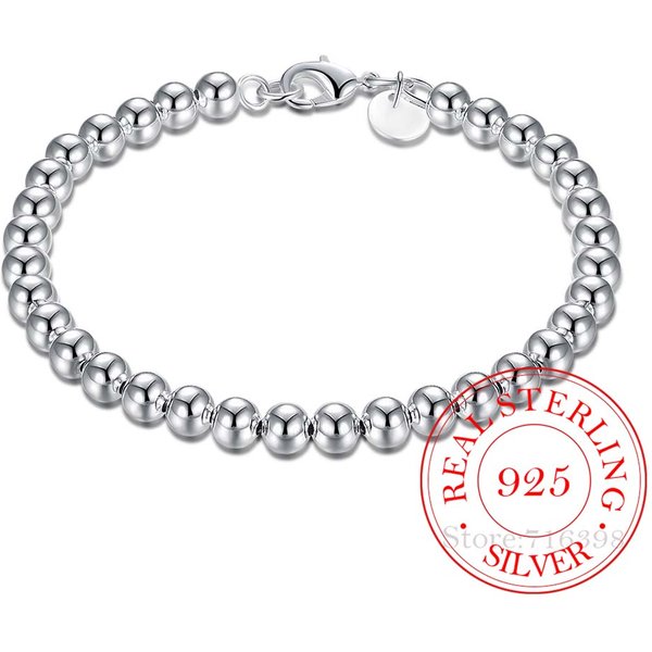 Pulsera De Cadena De Moda Con Cuentas De Plata De Ley Maciza 925 De 6 Mm Para Mujer 20 Cm Para Adolescentes Dama Regalo JoyeríA Fina Para Mujer Gray-image
