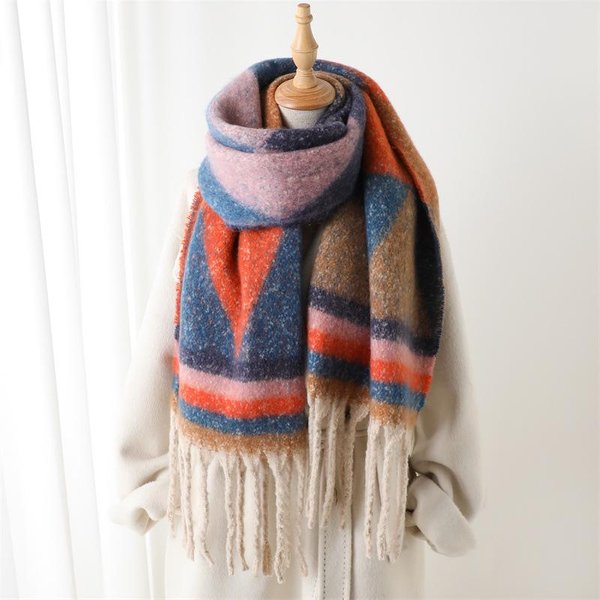 DiseñAdor De GeometríA Invierno CáLido Bufanda De Mujer ImitacióN Cachemira Espesar Chal Pashmina Bufandas Envoltura Femenina Manta Foulard Borlas 220X42Cm-image