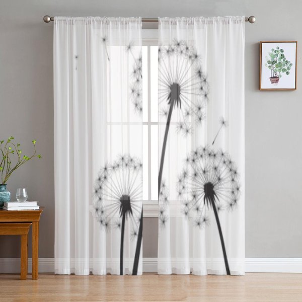 Dientes De LeóN Negros Cortinas Transparentes De Tul Blanco Para Sala De Estar La HabitacióN Dormitorio DecoracióN De Cocina Cortinas De Voile Organza 135W X 114H(Cm) White-image