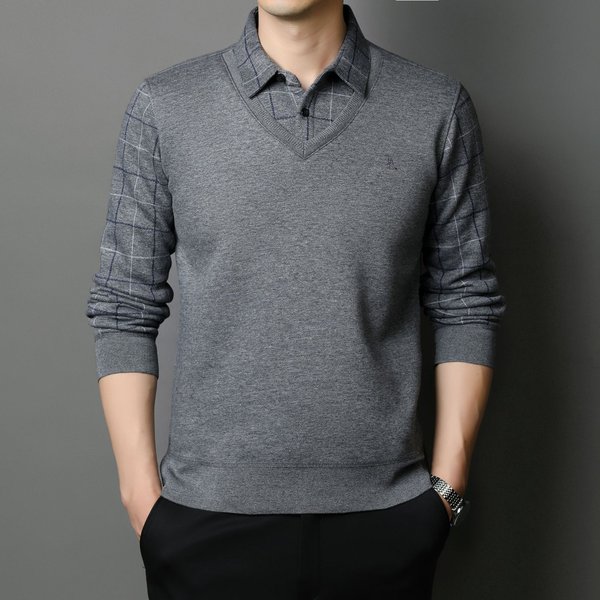 Business Casual MęSki ŚRedniego Wieku Modny Sweter Pulower MęSki Imitacja DwóCh CzęśCi Jesień Nowy Sweter Z KołNierzykiem Koszulowym 3XL-image